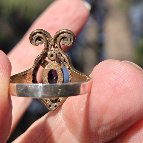 Amethyst 4k & Topaz Elegant Fleur-de-lis style Sterling & Gold ring sz 7.75 - Picture 10 of 11
